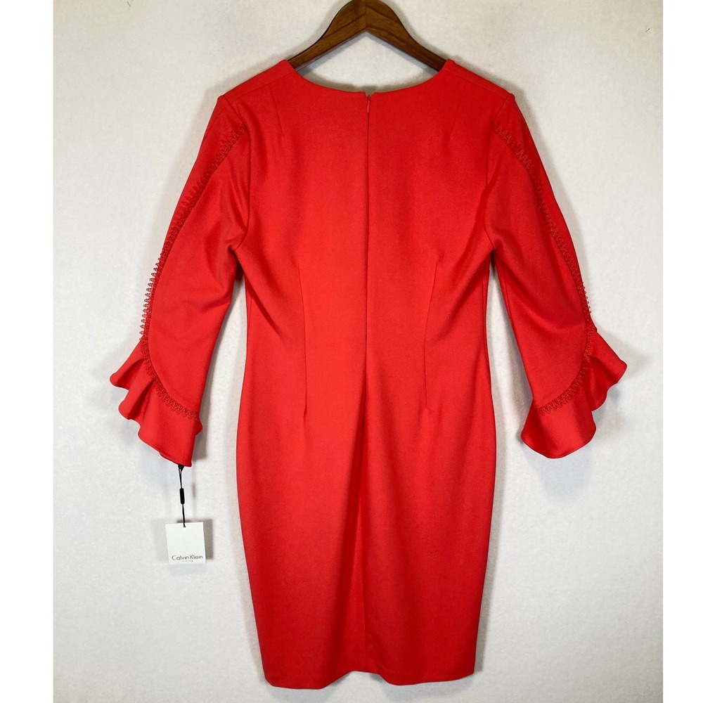 Sophisticated Calvin Klein Women 10 Red Bell Sleeve Lace Trim Sheath Dress‎ NEW - Picture 2 of 10
